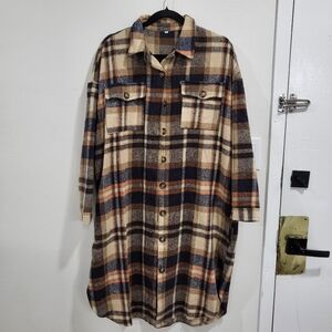 Orange Brown Plaid Button Down Tunic - Size L